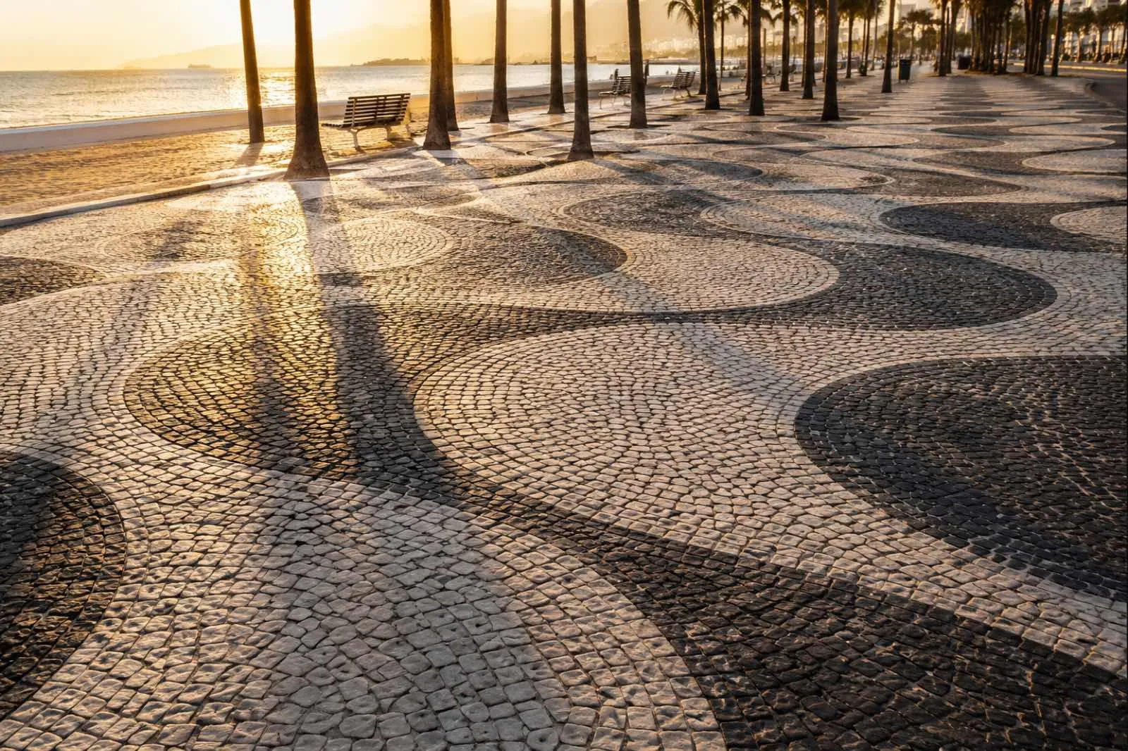Portuguese calcada pavement with morning shadows