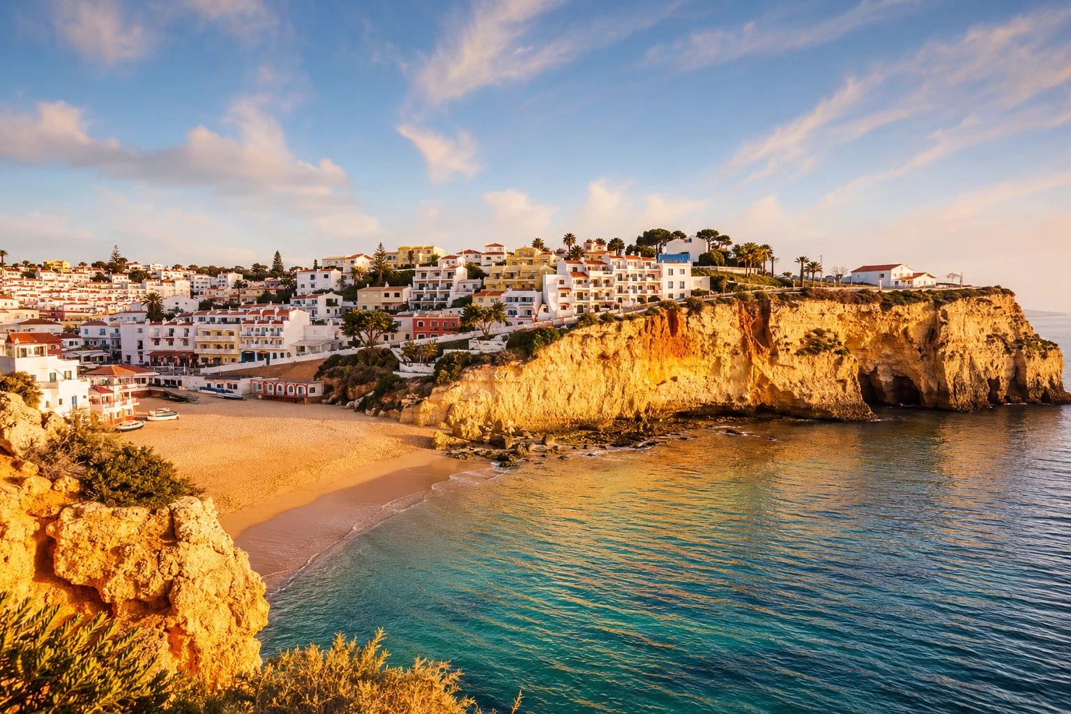 Carvoeiro cove framed by ochre cliffs