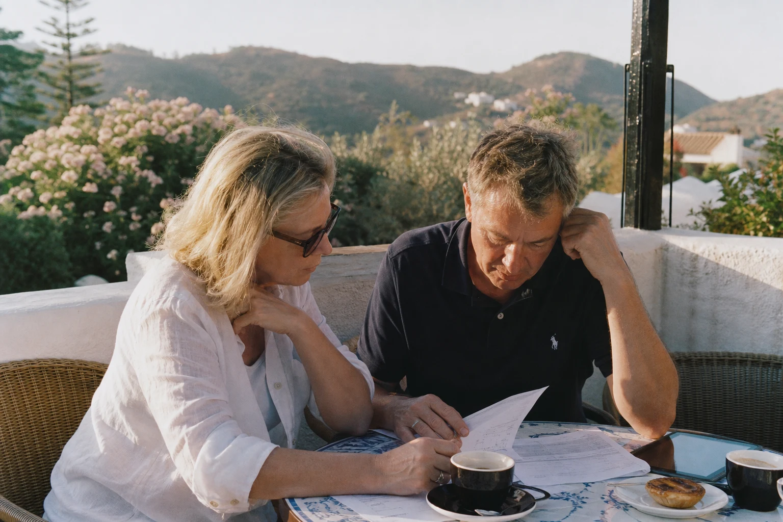 Reviewing tax documents together at a sunny cafe table in Portugal