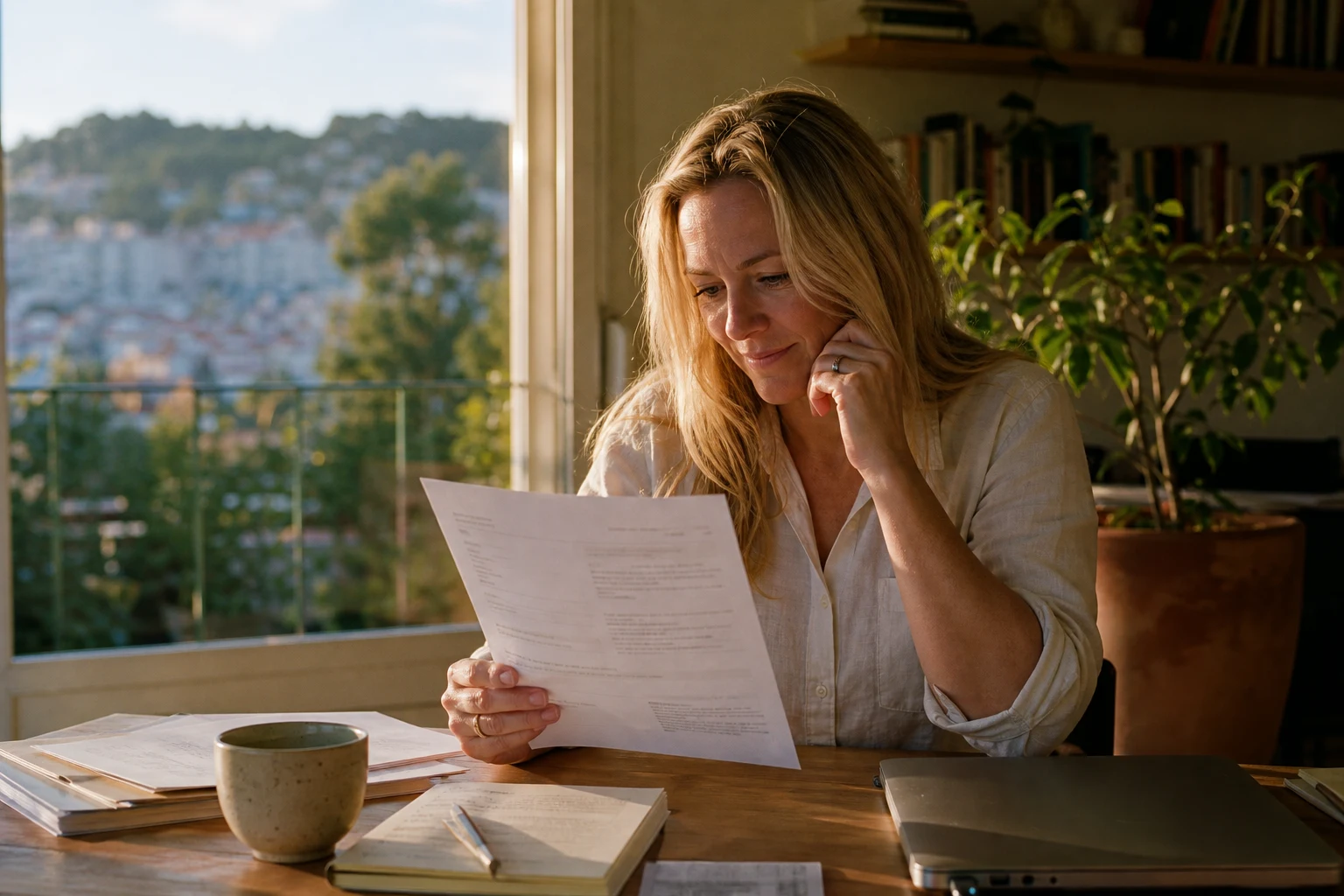 Reading an official tax letter with quiet relief at a home desk in Portugal