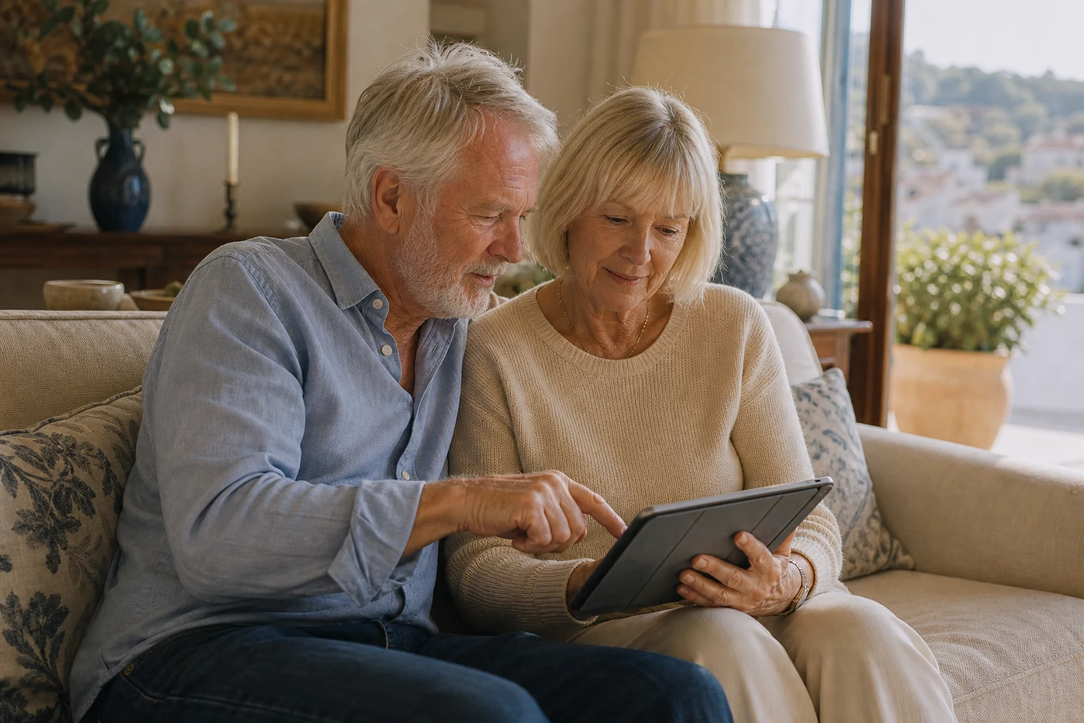 Browsing property listings on a tablet on a sofa in Portugal