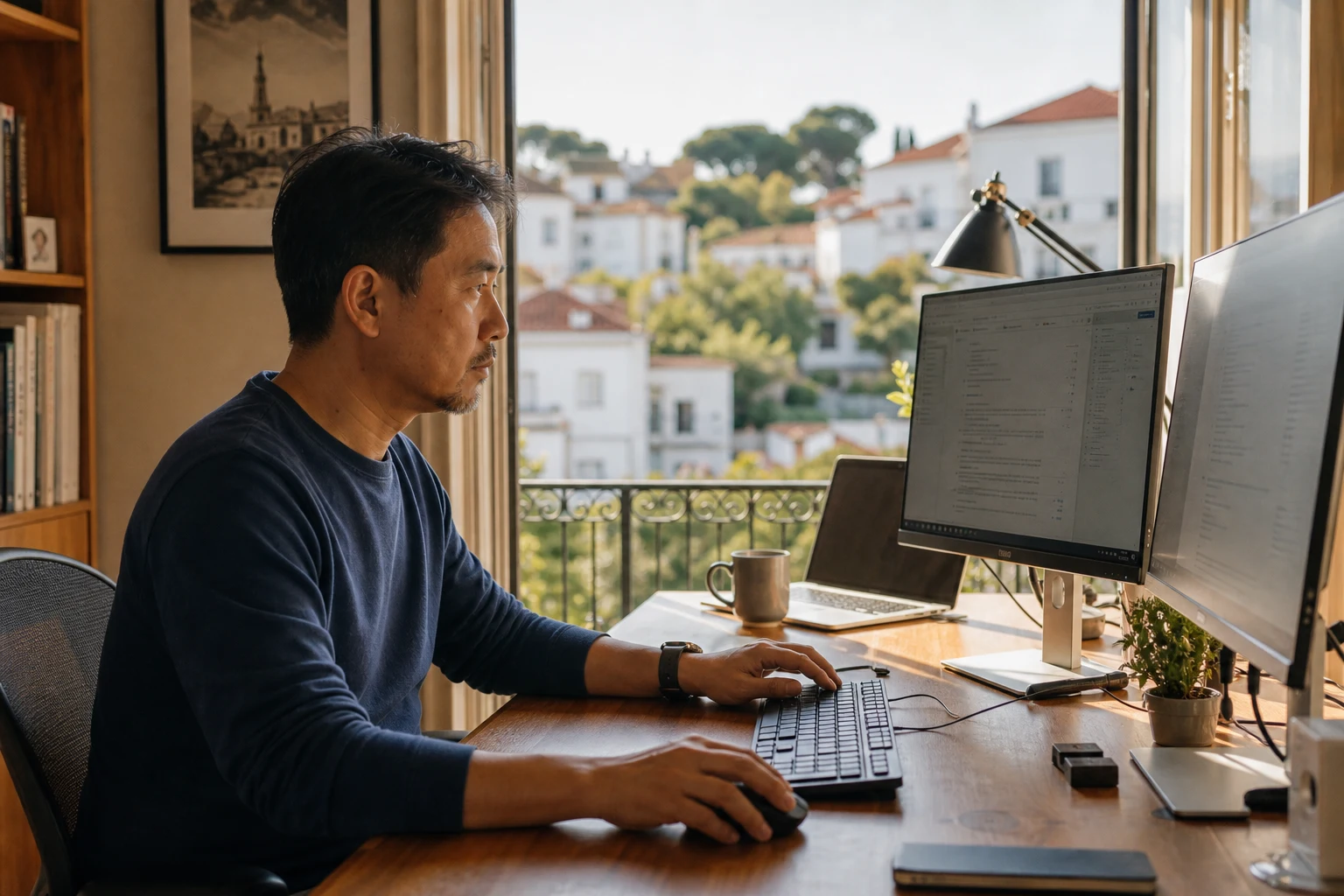 Working at dual monitors in a bright home office in Portugal