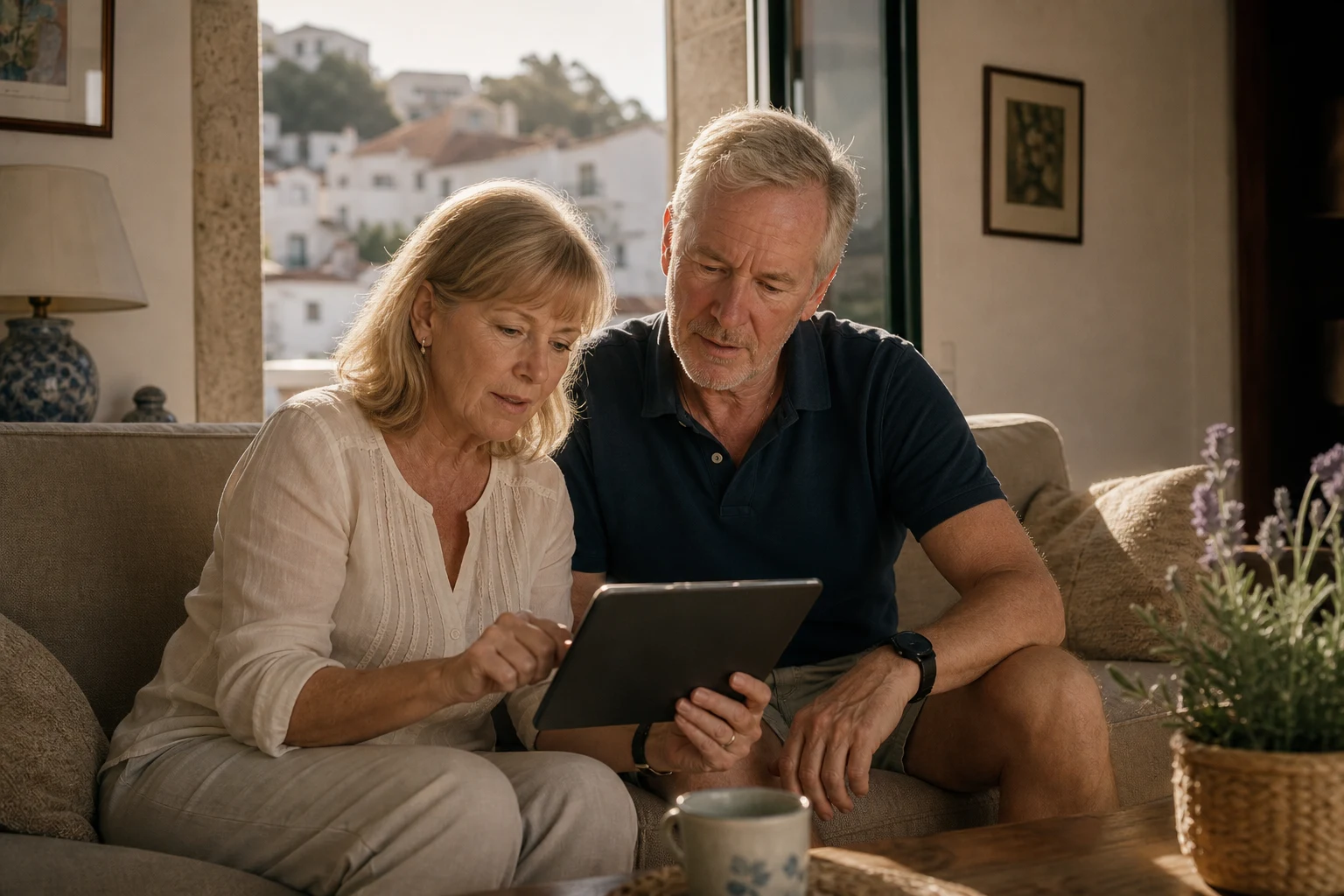 Reviewing details on a tablet at home after moving to Portugal