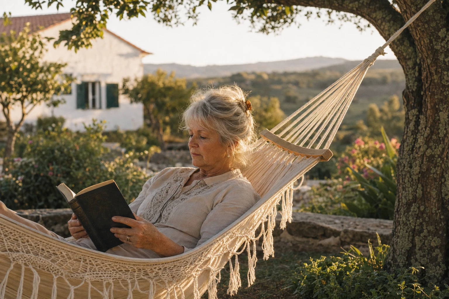 Reading a book in a hammock in a quinta garden in Portugal