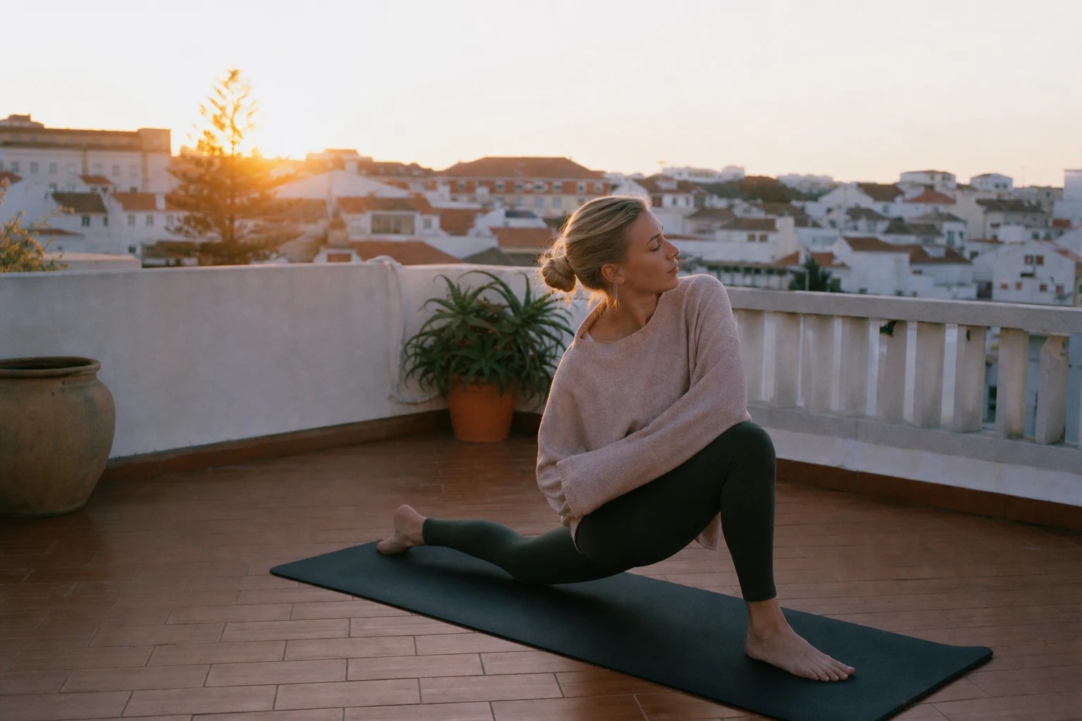 Doing yoga on a rooftop terrace at sunrise in Portugal