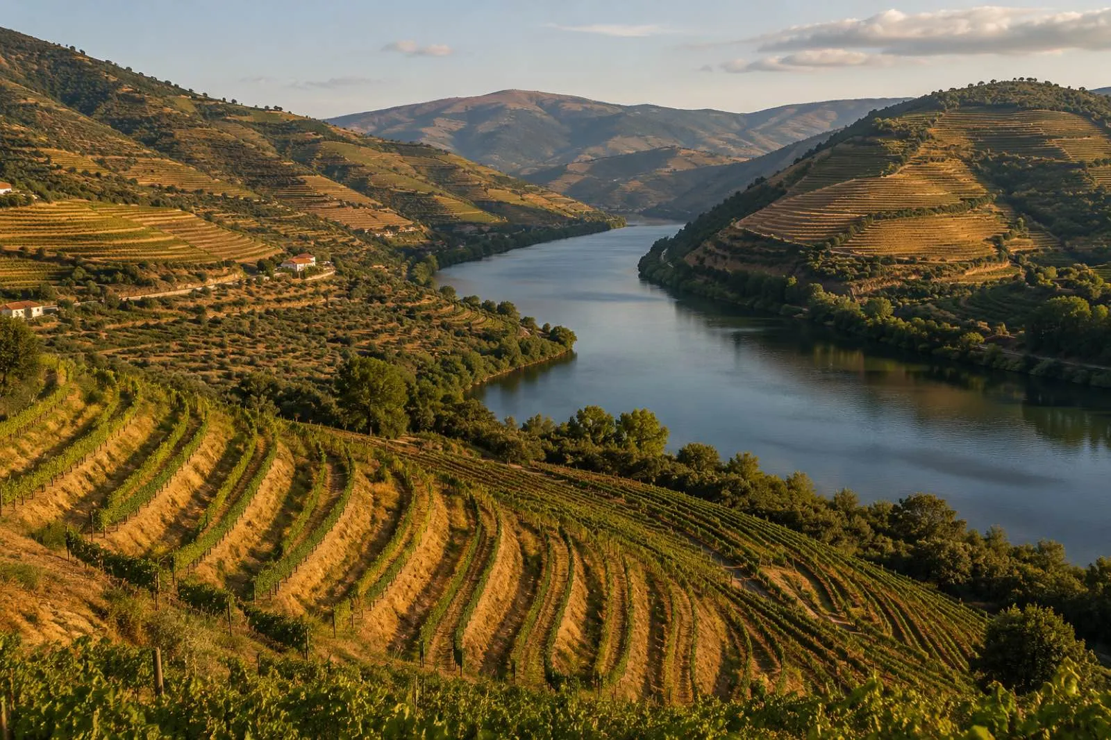 Douro vineyard terraces descending to a river bend