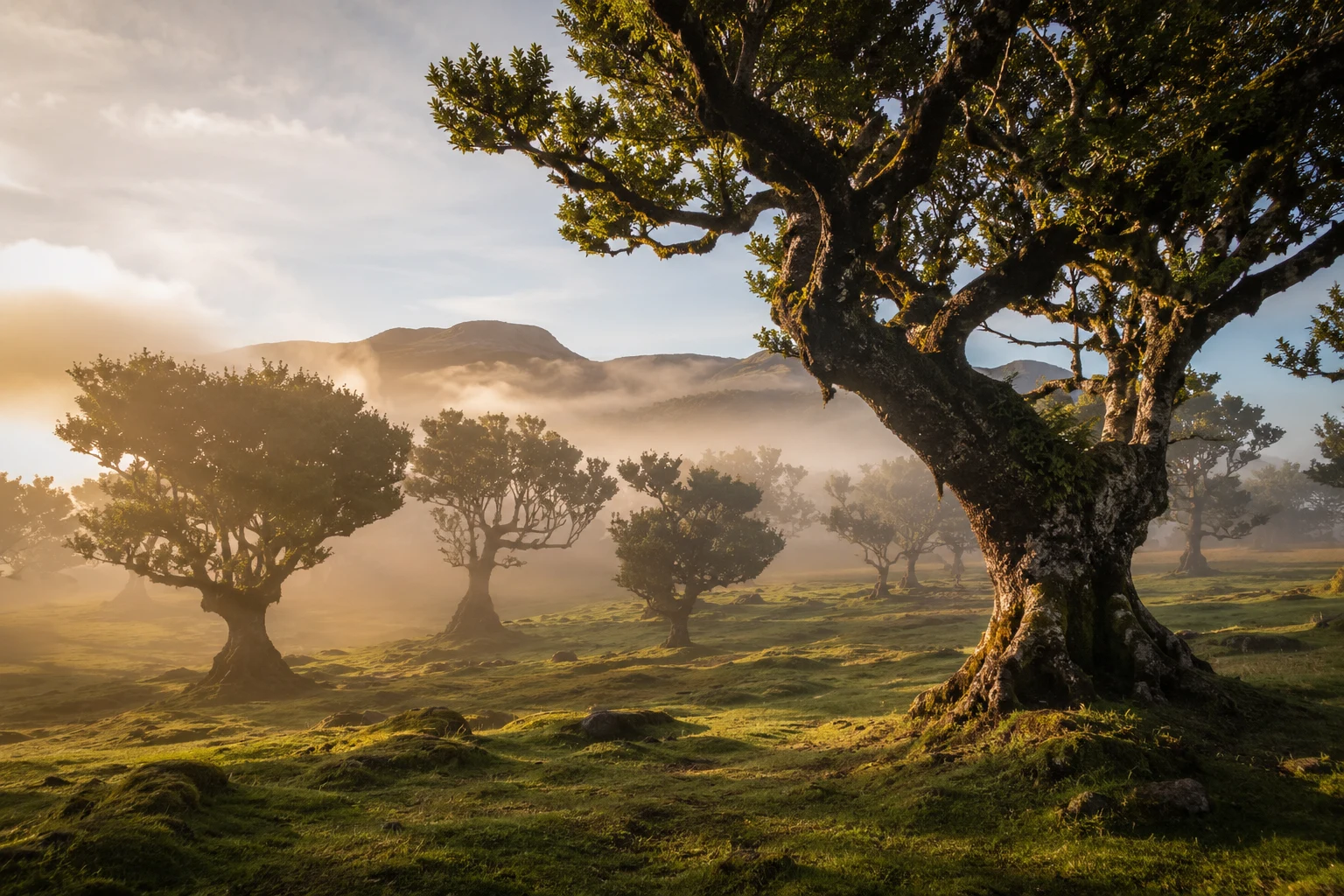 Fanal ancient laurel forest wrapped in mist, Madeira
