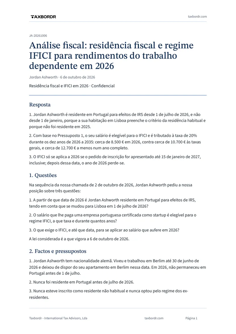 Primeira página do memorando de exemplo