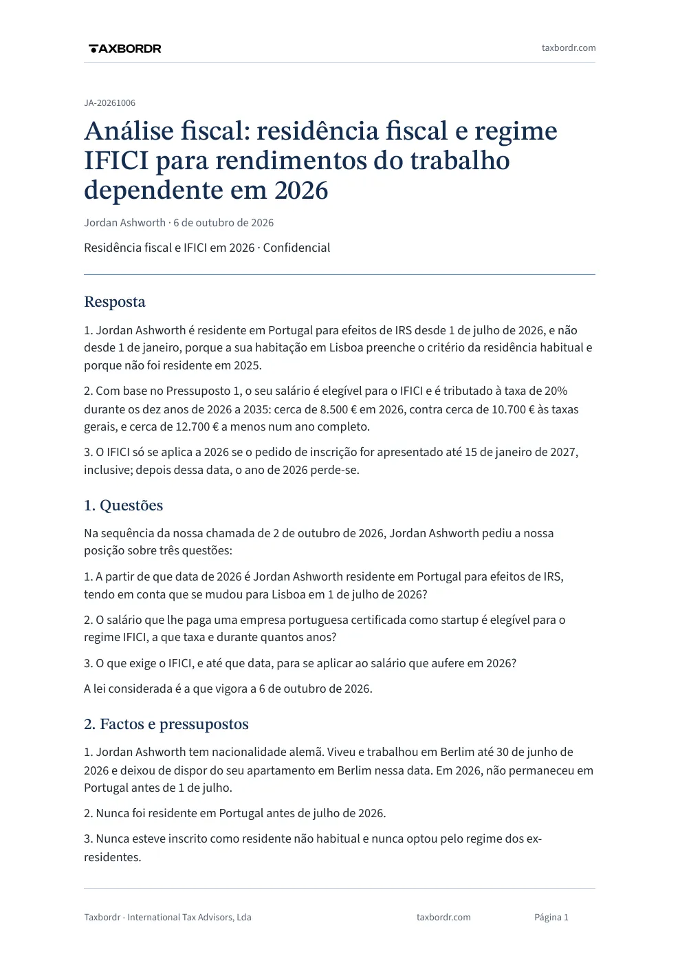 Primeira página de um memorando de exemplo