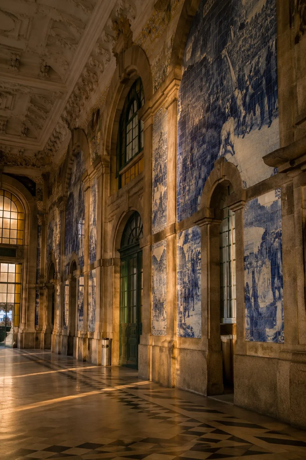 Blue azulejo wall inside a Porto station hall