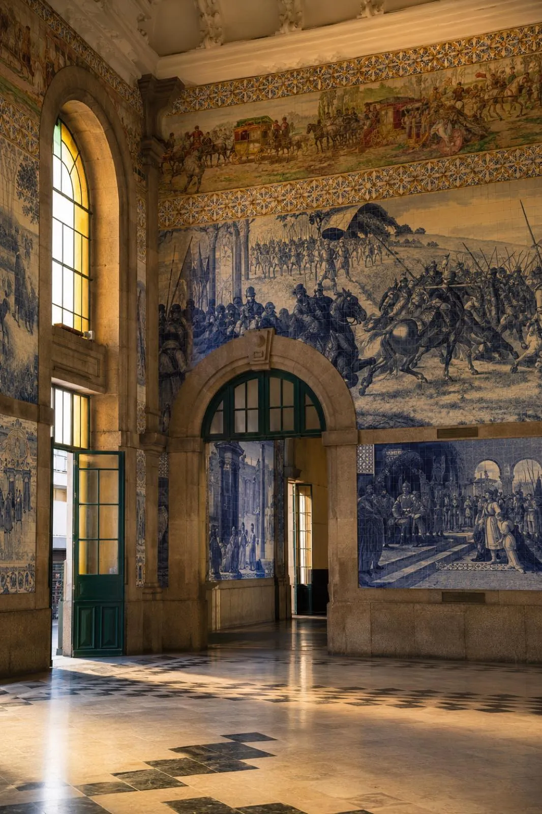 Azulejo panels inside Sao Bento station hall